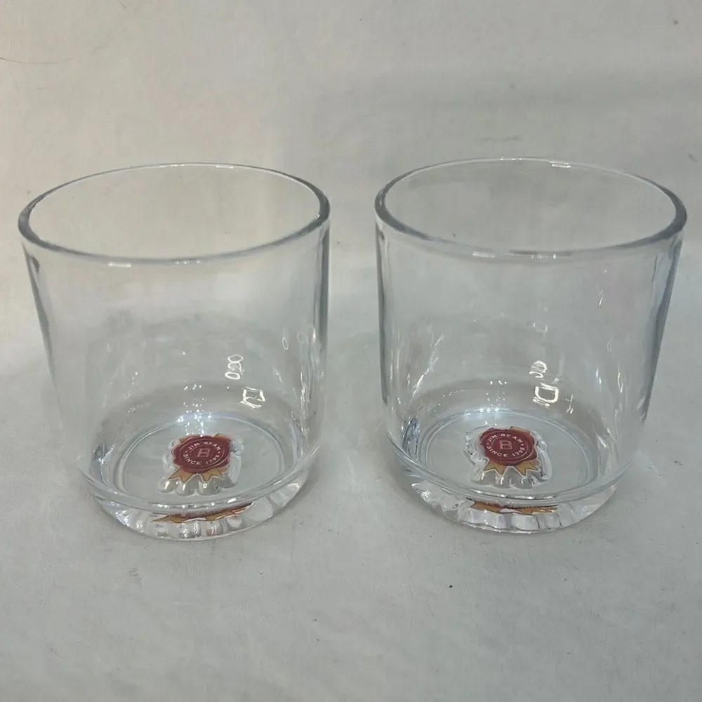 Jim Beam Rocks Glasses 8 Oz Each 3 1/2 In Tall 3 In Round Set 2 Red Gold Logo